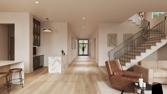 1615 Milford St, Houston, TX 77006 - entryway with stairway, light wood-style floors, recessed lighting, and baseboards