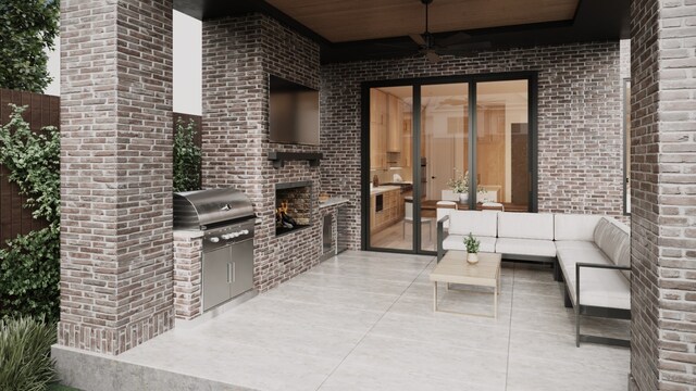 view of patio with an outdoor brick fireplace, ceiling fan, an outdoor kitchen, and area for grilling