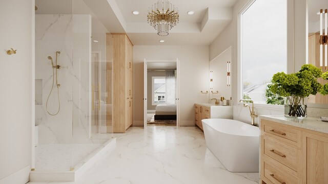 bathroom with vanity, plus walk in shower, a raised ceiling, and a chandelier