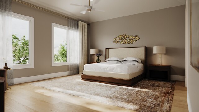 bedroom featuring ceiling fan and wood-type flooring