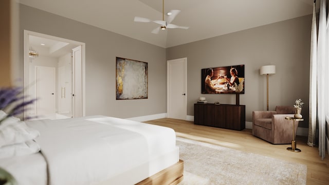 bedroom with lofted ceiling, ceiling fan, and light hardwood / wood-style flooring