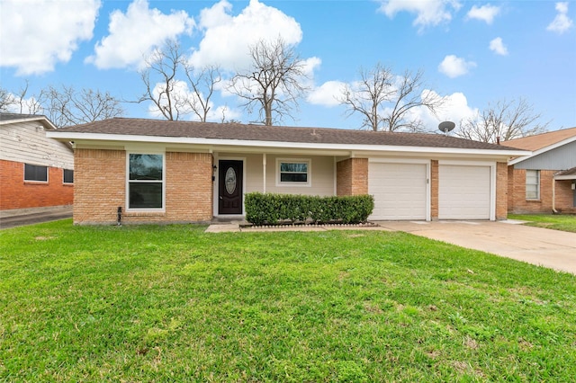 single story home with a garage and a front lawn