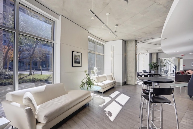 interior space featuring expansive windows and rail lighting