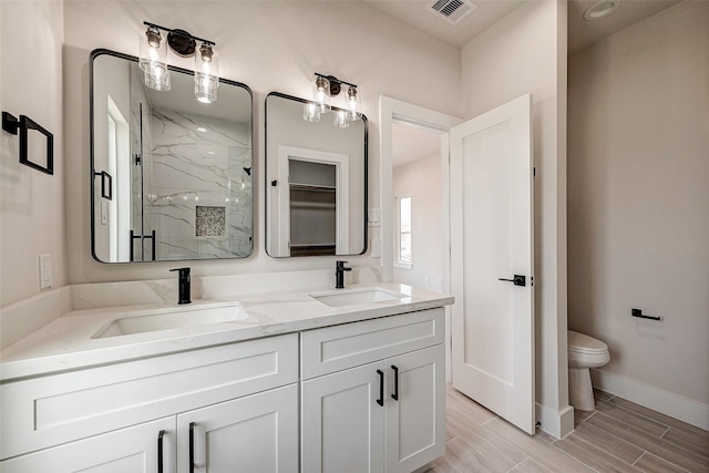 bathroom featuring toilet, vanity, and walk in shower