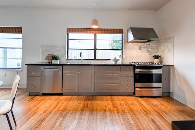 kitchen with wall chimney range hood, sink, appliances with stainless steel finishes, gray cabinetry, and light wood-type flooring