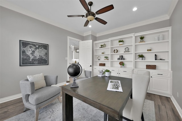 office area featuring crown molding, ceiling fan, and dark hardwood / wood-style flooring