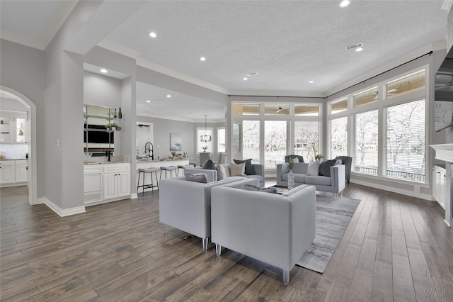 living room featuring crown molding, dark hardwood / wood-style floors, and a textured ceiling