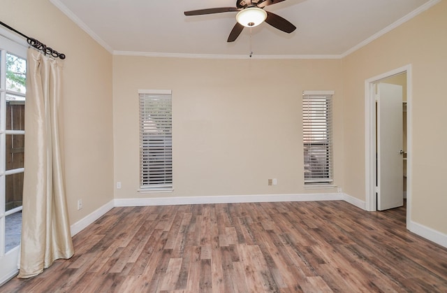 empty room featuring ceiling fan, ornamental molding, and hardwood / wood-style floors