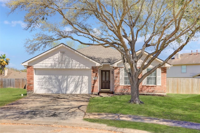 single story home with concrete driveway, an attached garage, fence, and brick siding