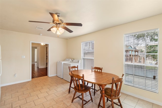 1621 Ursuline St, Galveston, TX 77550 - dining room featuring washing machine and clothes dryer, visible vents, baseboards, ceiling fan, and light tile patterned floors