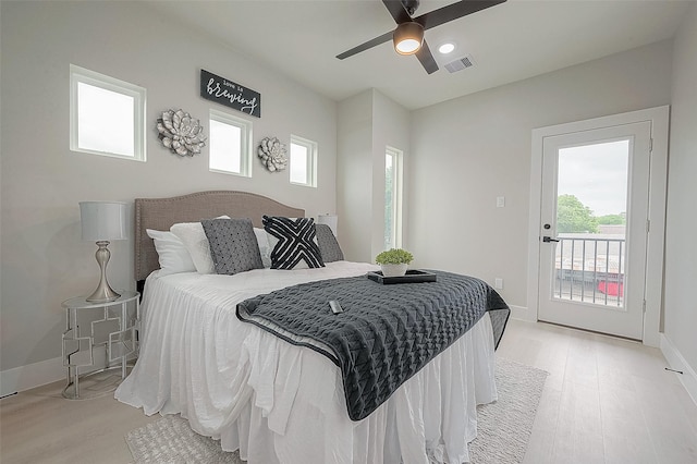 bedroom featuring ceiling fan, access to outside, and light hardwood / wood-style floors