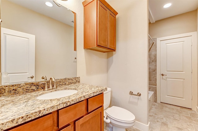 full bathroom with vanity, bathing tub / shower combination, and toilet