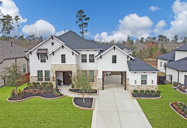 modern farmhouse featuring a front yard