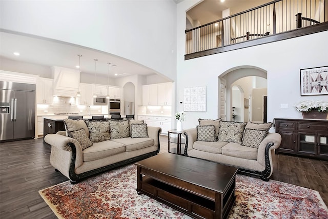 living room featuring dark hardwood / wood-style flooring, sink, and a high ceiling