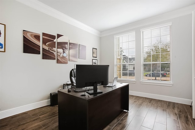 home office with ornamental molding and dark hardwood / wood-style floors