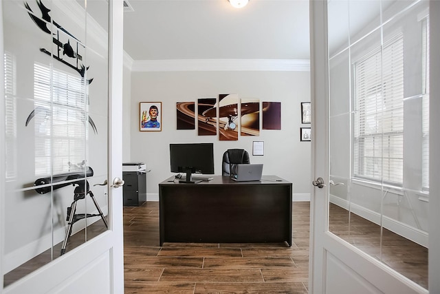 office space with dark hardwood / wood-style flooring, a wealth of natural light, ornamental molding, and french doors