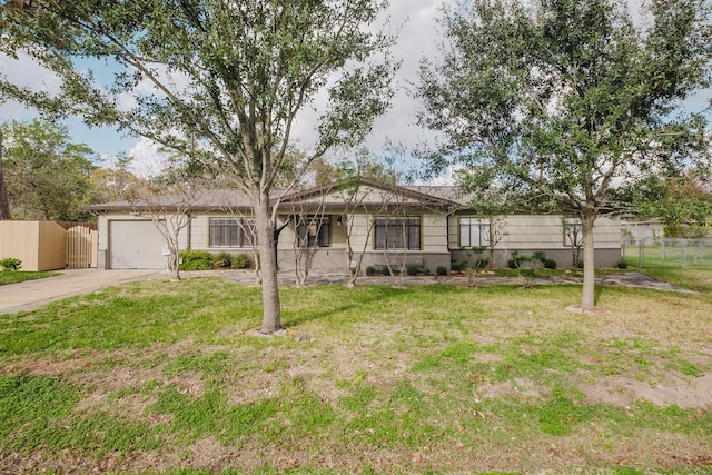 single story home with a garage and a front lawn