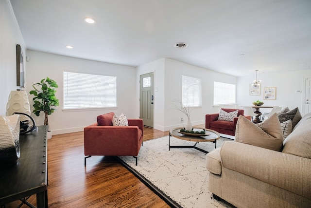 living room with a healthy amount of sunlight and hardwood / wood-style floors