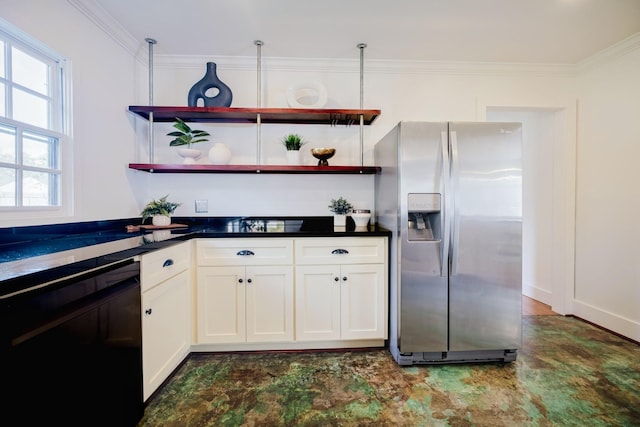 kitchen with open shelves, dark countertops, ornamental molding, white cabinets, and stainless steel fridge