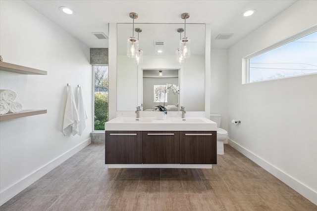 full bath featuring double vanity, a wealth of natural light, toilet, and a sink