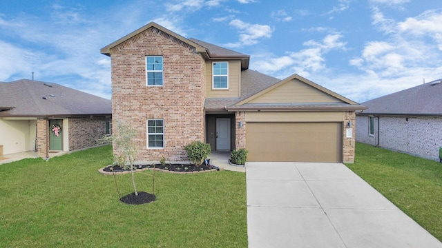 front of property with a garage and a front lawn