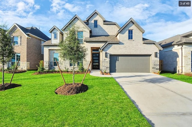 view of front of house featuring a garage and a front lawn
