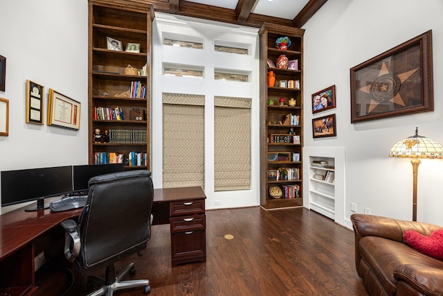 office featuring beam ceiling, ornamental molding, built in features, and dark hardwood / wood-style flooring