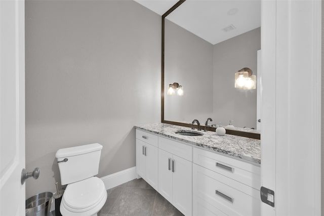 half bath featuring visible vents, baseboards, toilet, tile patterned flooring, and vanity