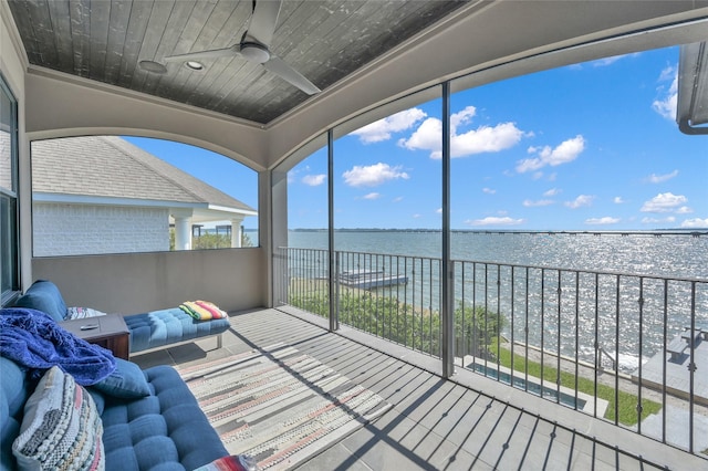 sunroom with a water view, wooden ceiling, and ceiling fan