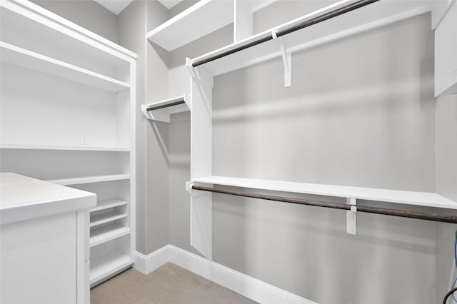 walk in closet featuring light carpet