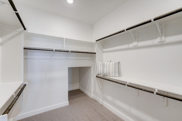 walk in closet with light colored carpet