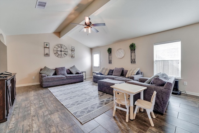 living room featuring hardwood / wood-style flooring, lofted ceiling with beams, and ceiling fan