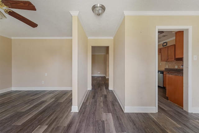 hallway with crown molding and dark wood-type flooring