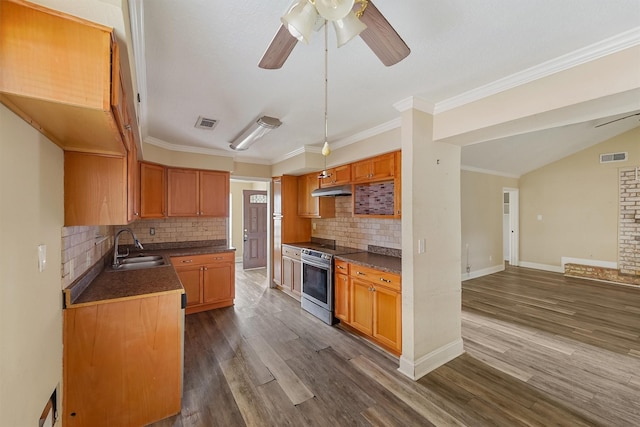 kitchen with sink, dark wood-type flooring, stainless steel range with electric cooktop, and ornamental molding