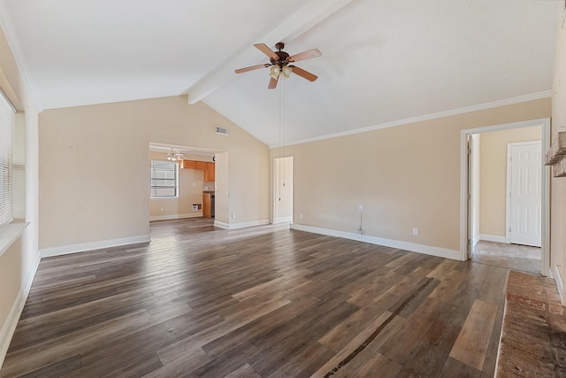 unfurnished living room featuring dark wood-type flooring, ceiling fan, ornamental molding, and vaulted ceiling with beams