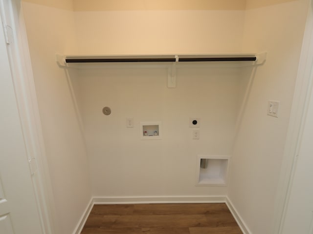 8026 Kay Harbor Dr, Cypress, TX 77433 - washroom featuring electric dryer hookup, dark wood-style floors, hookup for a washing machine, gas dryer hookup, and baseboards