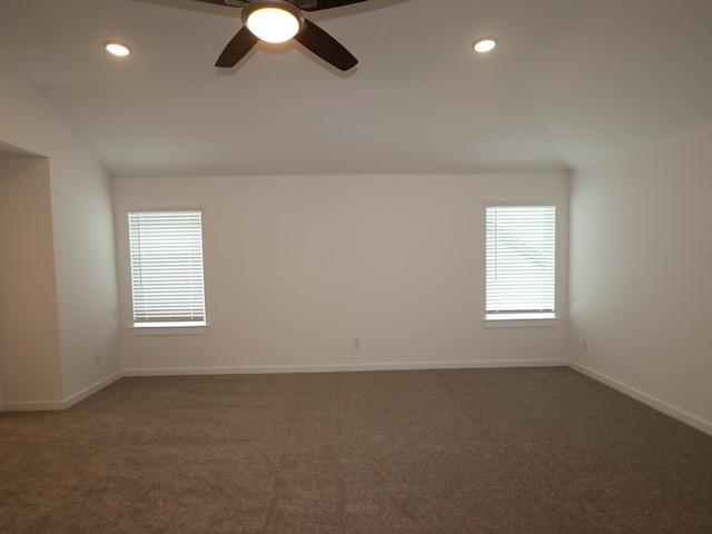 8026 Kay Harbor Dr, Cypress, TX 77433 - carpeted empty room featuring lofted ceiling, ceiling fan, recessed lighting, and baseboards