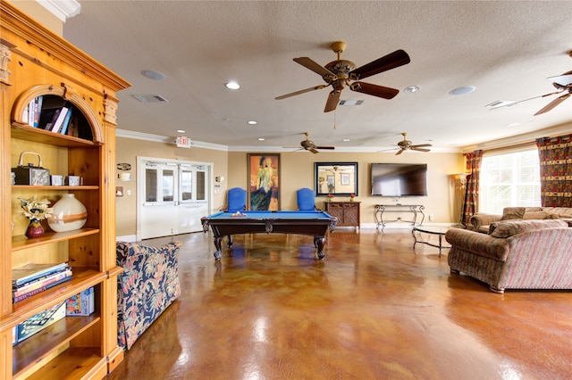 recreation room with concrete flooring, crown molding, pool table, and a textured ceiling