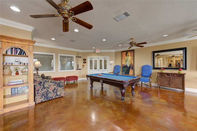 recreation room featuring pool table, crown molding, concrete flooring, and a textured ceiling