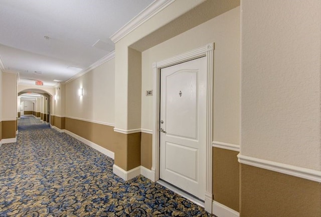 hallway featuring ornamental molding and carpet