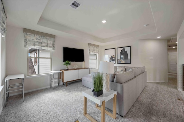 living room featuring plenty of natural light, a raised ceiling, and carpet flooring