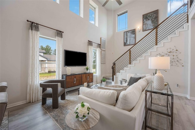 living room featuring ceiling fan, wood-type flooring, and a high ceiling