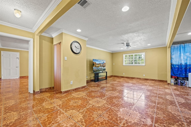 unfurnished living room featuring ceiling fan, ornamental molding, and a textured ceiling