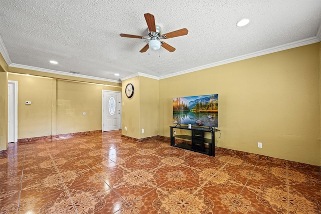 unfurnished living room with crown molding, ceiling fan, and a textured ceiling