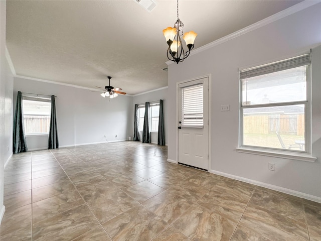 empty room with crown molding and ceiling fan with notable chandelier