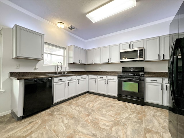 kitchen featuring crown molding, sink, a textured ceiling, and black appliances