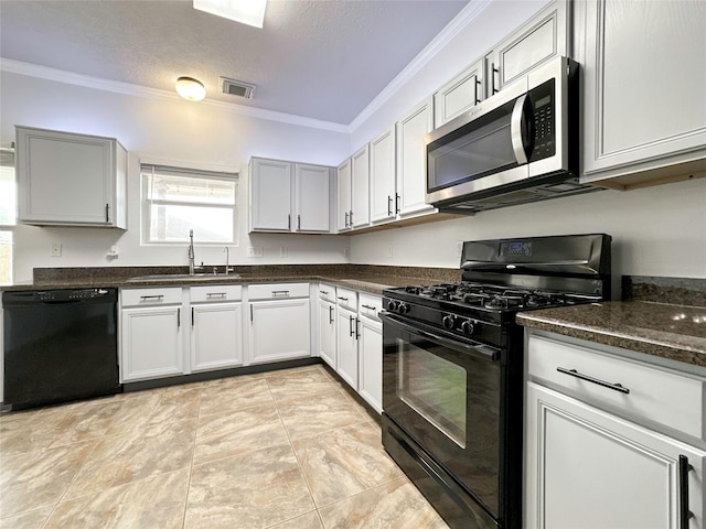 kitchen with sink, crown molding, a textured ceiling, dark stone countertops, and black appliances