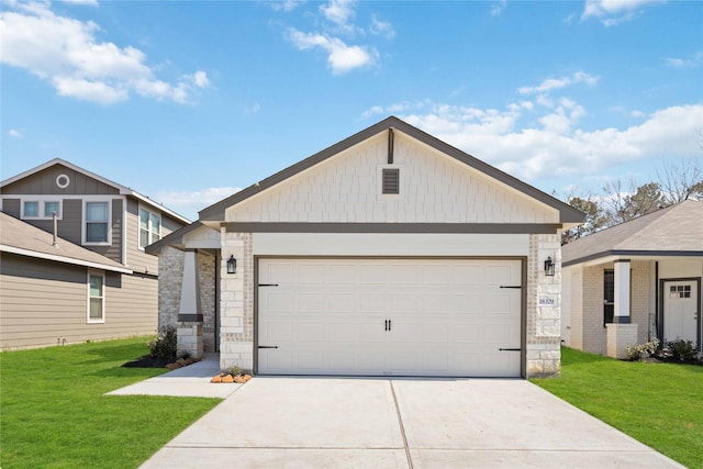 view of front of property featuring driveway, stone siding, a garage, and a front yard