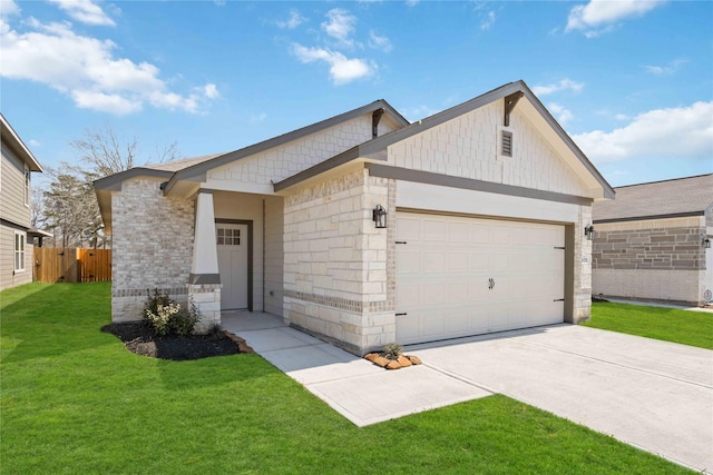 view of front facade with an attached garage, fence, concrete driveway, stone siding, and a front lawn