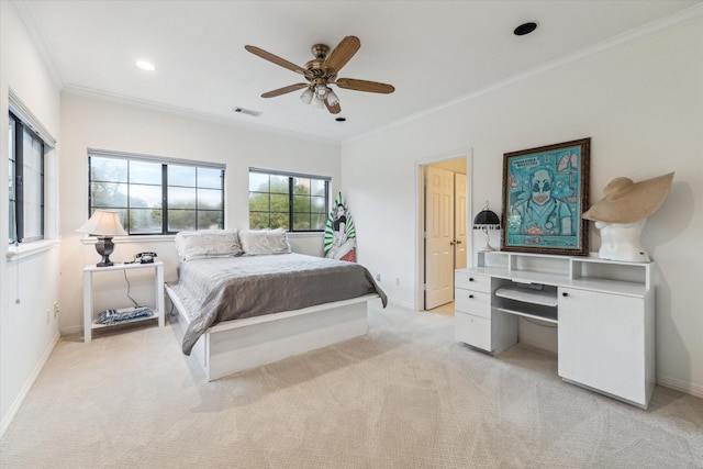 bedroom with recessed lighting, light colored carpet, visible vents, baseboards, and ornamental molding